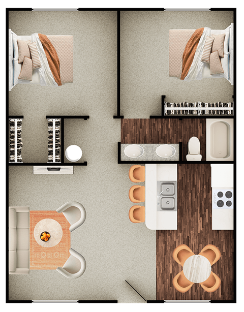 Floor plan for 2 beds, 1 bath, 755 sqft
